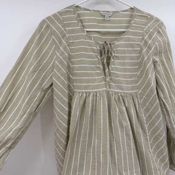 Lucky Brand Top Women Medium Green Beige Long Sleeve Stripes Tie Front Keyhole - Picture 4 of 10
